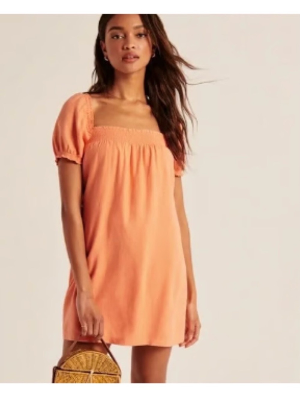 Orange Puff Sleeve Smocked Neck Mini Dress
